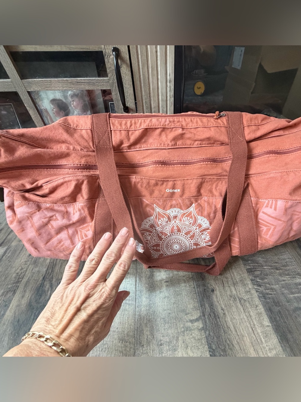 Gonex Rust Coral Canvas Travel Duffel with Mandala Print
